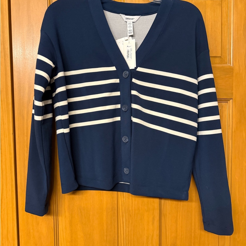 SPANX Deep Blue and White Striped Cardigan